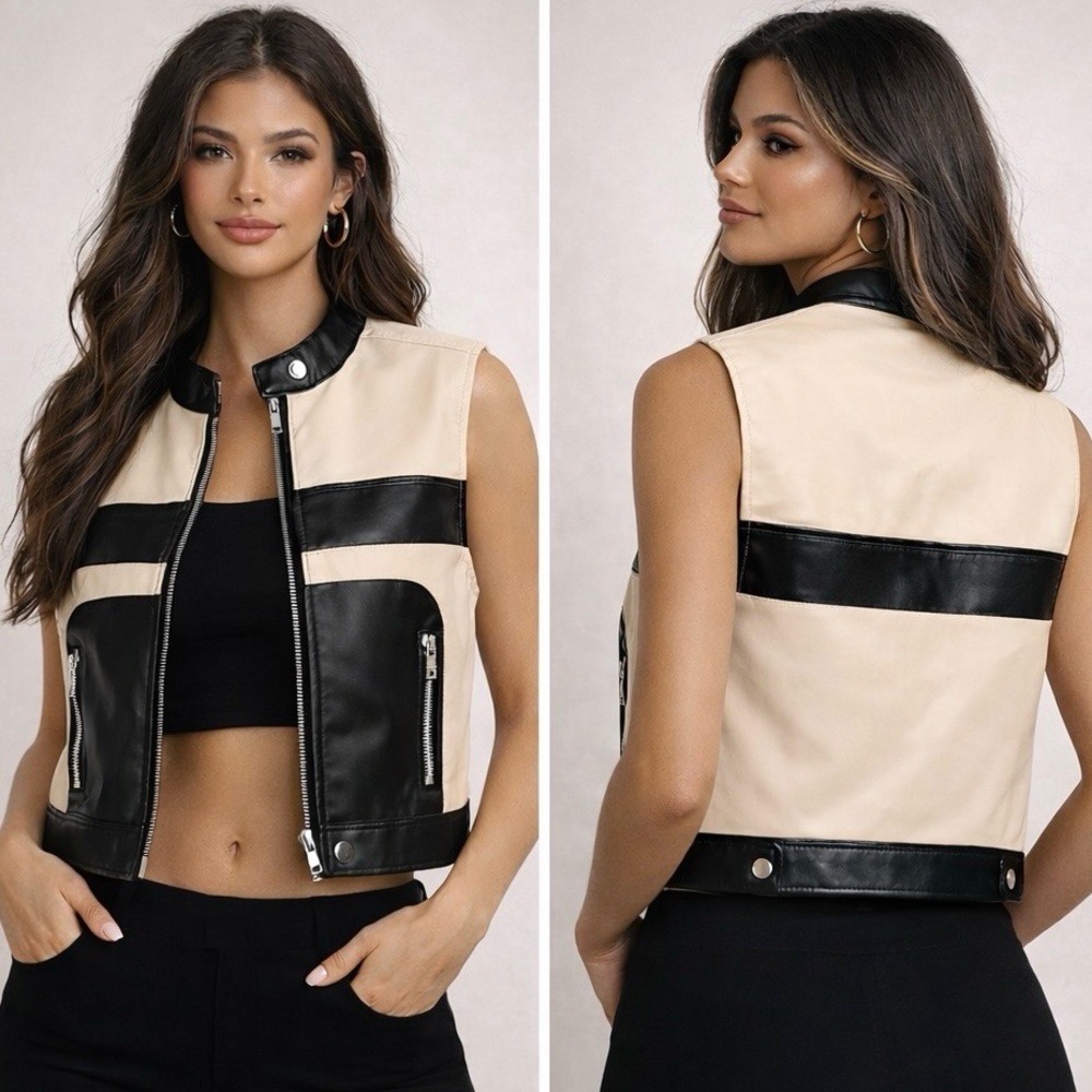 Ashley Outerwear Vegan Leather Vest Cream Black Zip Moto Sleeveless Womens Large
